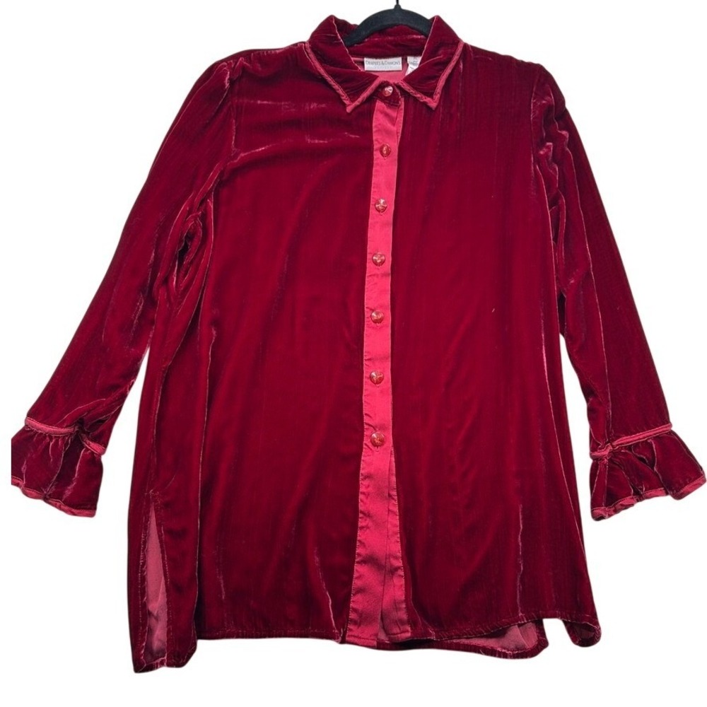 Drapers & Damons Vintage Velvet Button‎ Up Blouse Women Large Red Ruffle Sleeve